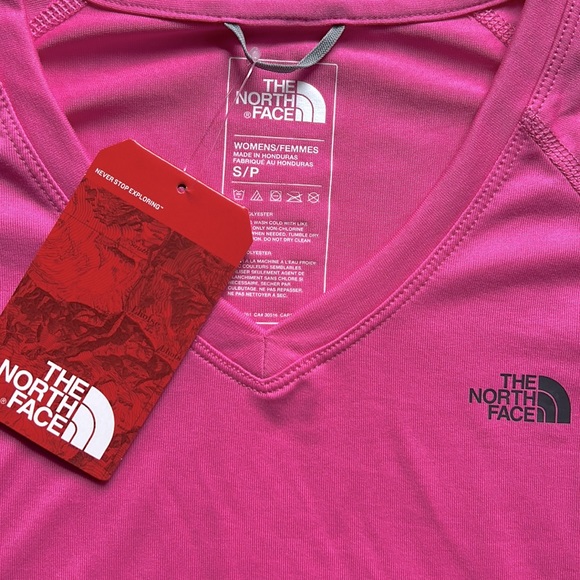 NWT Pink The North Face Black Logo on upper left Corner VNeck Tshirt - Picture 2 of 4